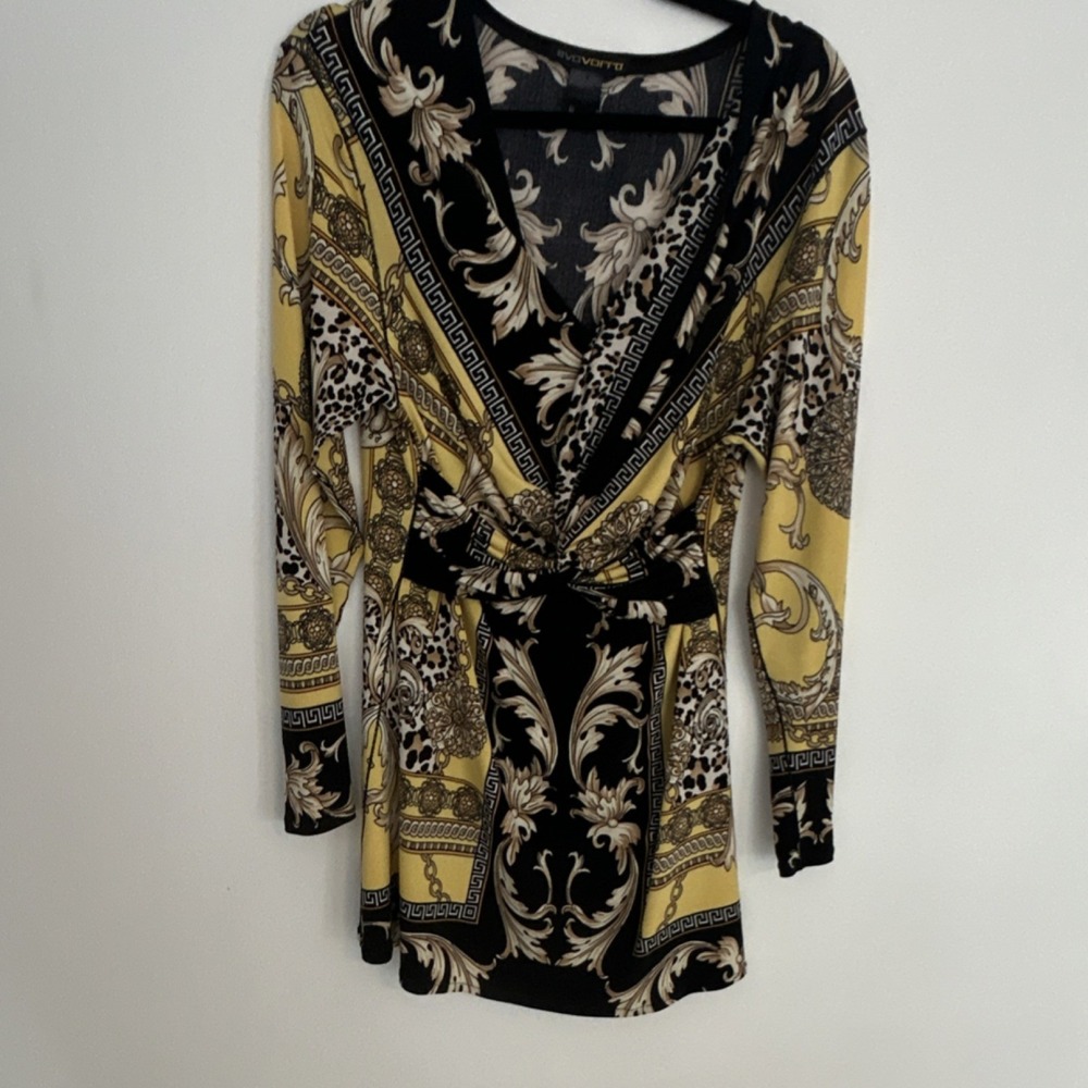 Evo Vorro Baroque Animal Print Wrap Mini Dress Black Yellow XL‎ Wrinkle Free
